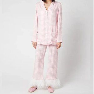 Sleeper Feather-Trim Gingham Pajama Set